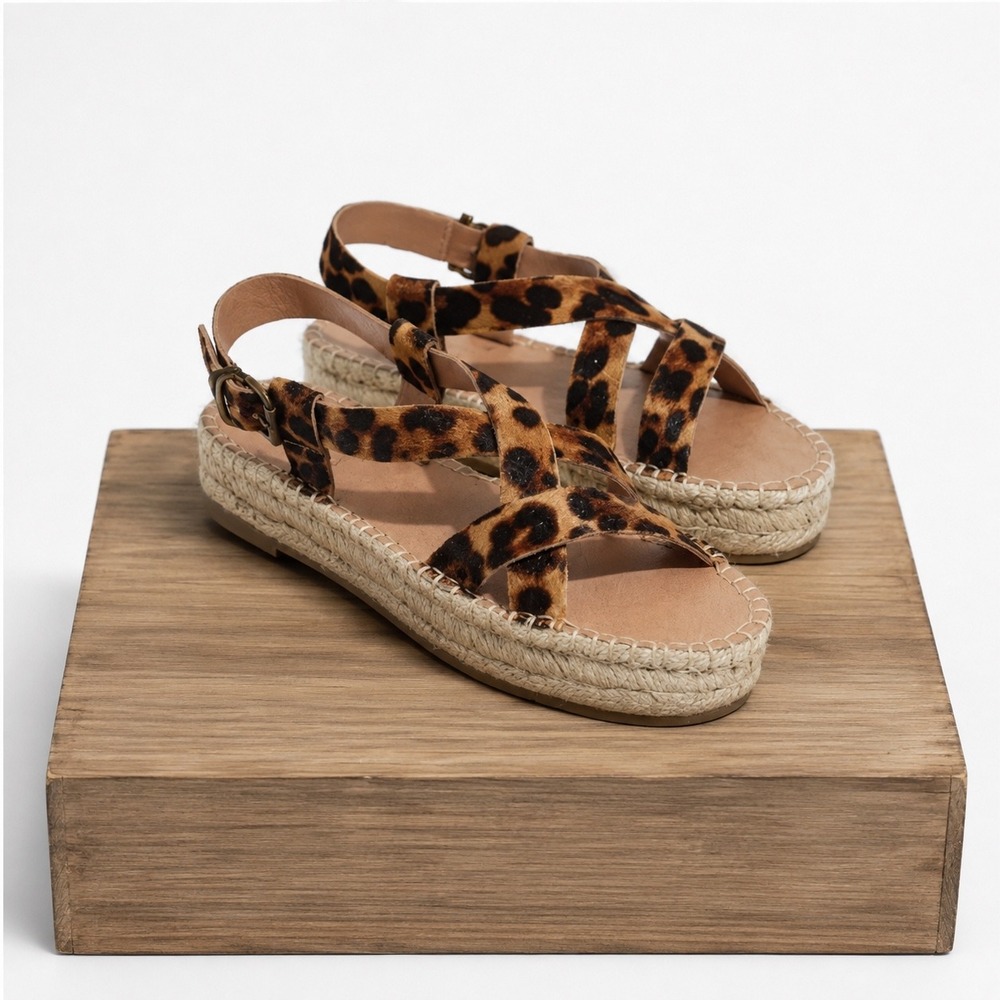 Madewell Boardwalk Leopard Calf Hair Espadrille Sandals Womens Size 8.5 Brown